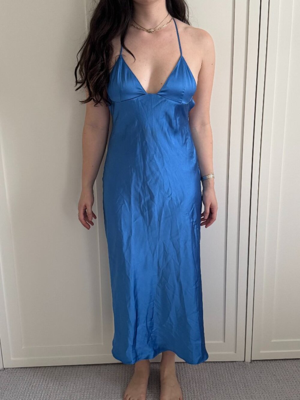 Zara Satin Slip Maxi Dress Cobalt Blue Deep V Halter Size S